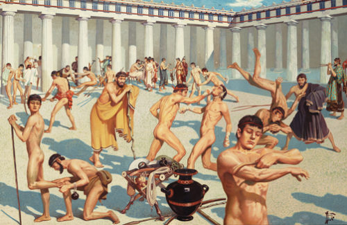 Ancient Greek athletes practice their skills.