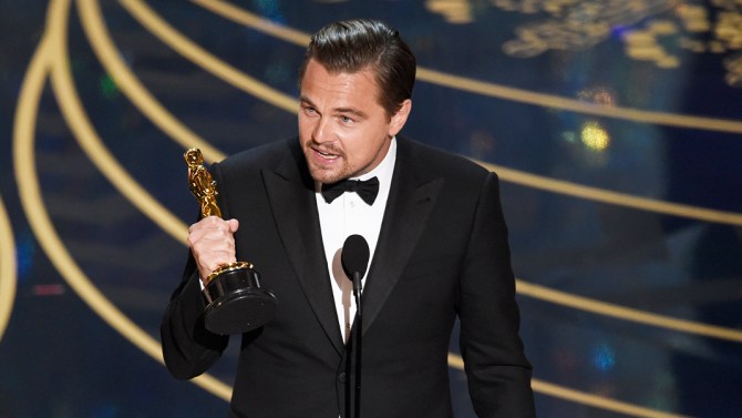 Leonardo DiCaprio accepts the award for best actor in a leading role for “The Revenant” at the Oscars on Sunday, Feb. 28, 2016, at the Dolby Theatre in Los Angeles. (Photo by Chris Pizzello/Invision/AP)