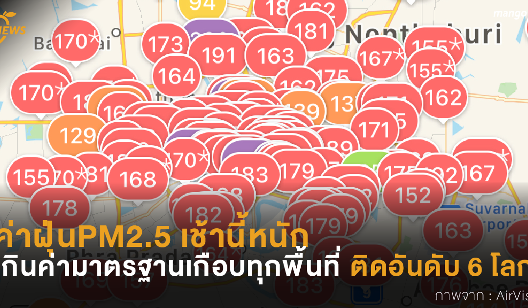 ค่าฝุ่นPM2.5 เช้านี้หนัก เกินค่ามาตรฐานเกือบทุกพื้นที่ ติดอันดับ 6 โลก!