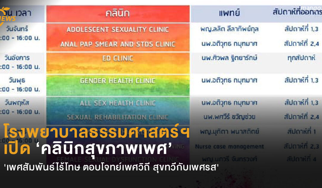 โรงพยาบาลธรรมศาสตร์ฯ  เปิด ‘คลินิกสุขภาพเพศ’ ‘เพศสัมพันธ์ไร้โทษ ตอบโจทย์เพศวิถี สุขทวีกับเพศรส’