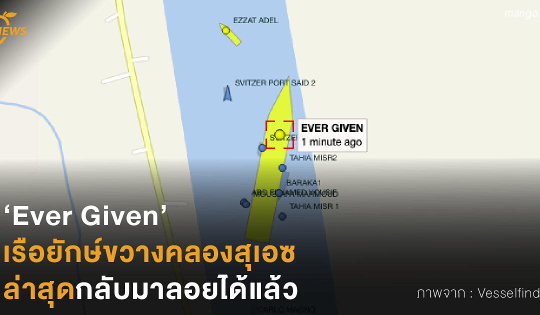 ‘Ever Given’ เรือยักษ์ขวางคลองสุเอซ ล่าสุดกลับมาลอยได้แล้ว