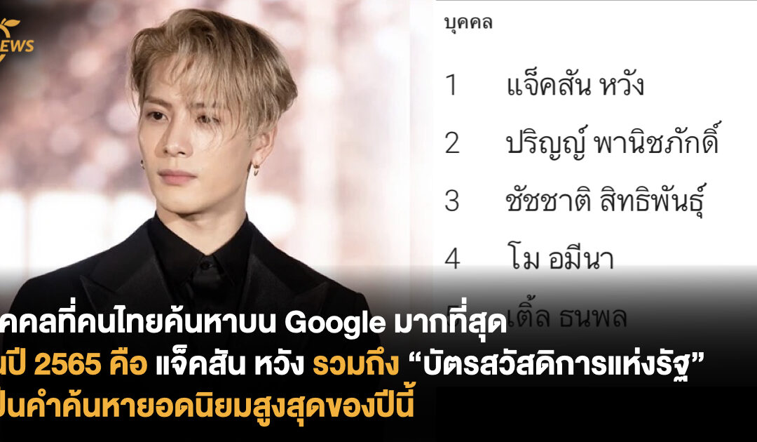 บุคคลที่คนไทยค้นหาบน Google มากที่สุดในปี 2565 คือ แจ็คสัน หวัง  รวมถึง “บัตรสวัสดิการแห่งรัฐ” เป็นคำค้นหายอดนิยมสูงสุดของปีนี้