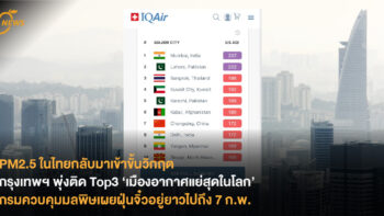 PM2.5 ในไทยกลับมาเข้าขั้นวิกฤต กรุงเทพฯ พุ่งติด Top3 ‘เมืองอากาศแย่สุดในโลก’  กรมควบคุมมลพิษเผยฝุ่นจิ๋วอยู่ยาวไปถึง 7 ก.พ.